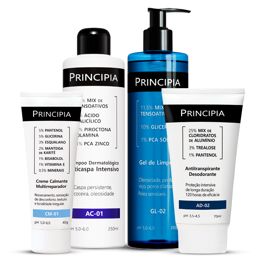 Principia kit- Shampoo Anti Caspa + AD-02 + Gel de limpeza GL-02 + Creme Calmante Multirreparador em Oferta na Shopee