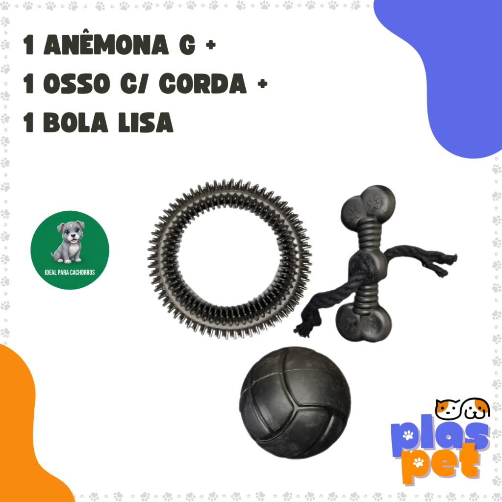 Kit de Brinquedos p/ Cães - Anêmona G + Bola Lisa 7,5cm + Osso Chiclete com Corda