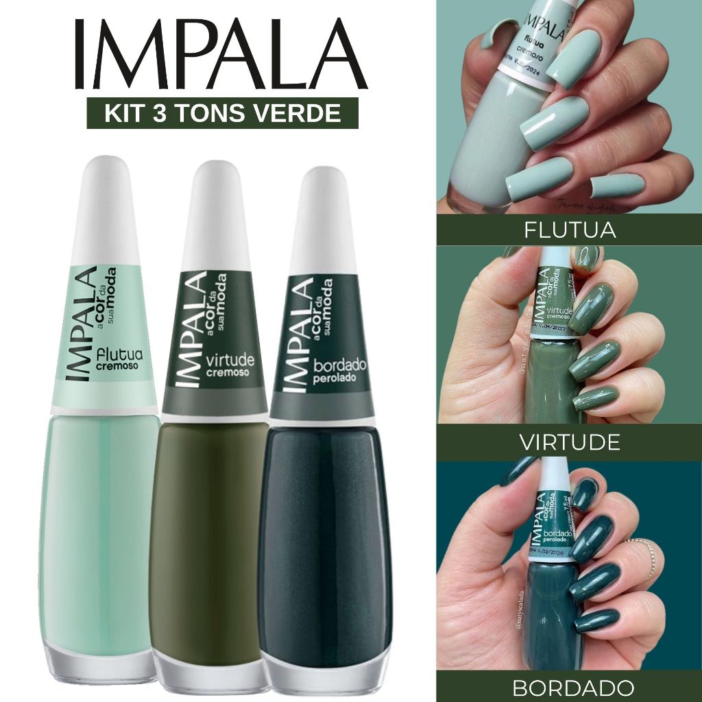 Kit 3 Esmaltes Impala Tons de Verde Esmaltes Atacado em Oferta na Shopee