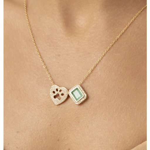 Colar Escapulário Retângulo e Coração Pets de Fusion Esmeralda Colombiana e Zircônias Brancas 65cm - Banho de Ouro 18k
