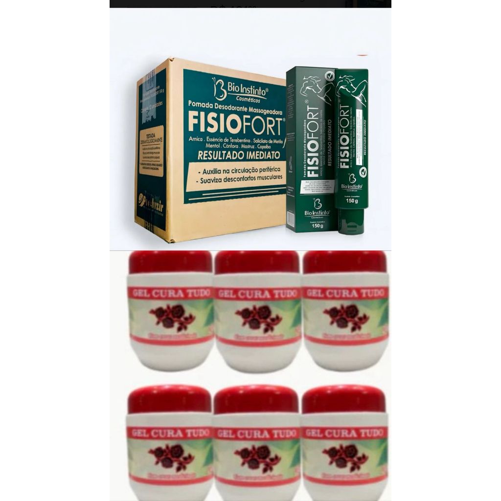 12 Unidades Pomadas Fisiofort Verde 150g Bio Instinto e 12 Gel Tampa Vermelha 220g Apinil