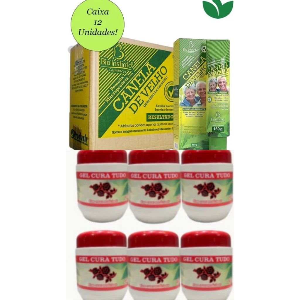 Pomada Massageadora Canela de Velho 150G  12 uniodades Bio Instinto + 12 Gel Tampa Vermelha 225g Apinil