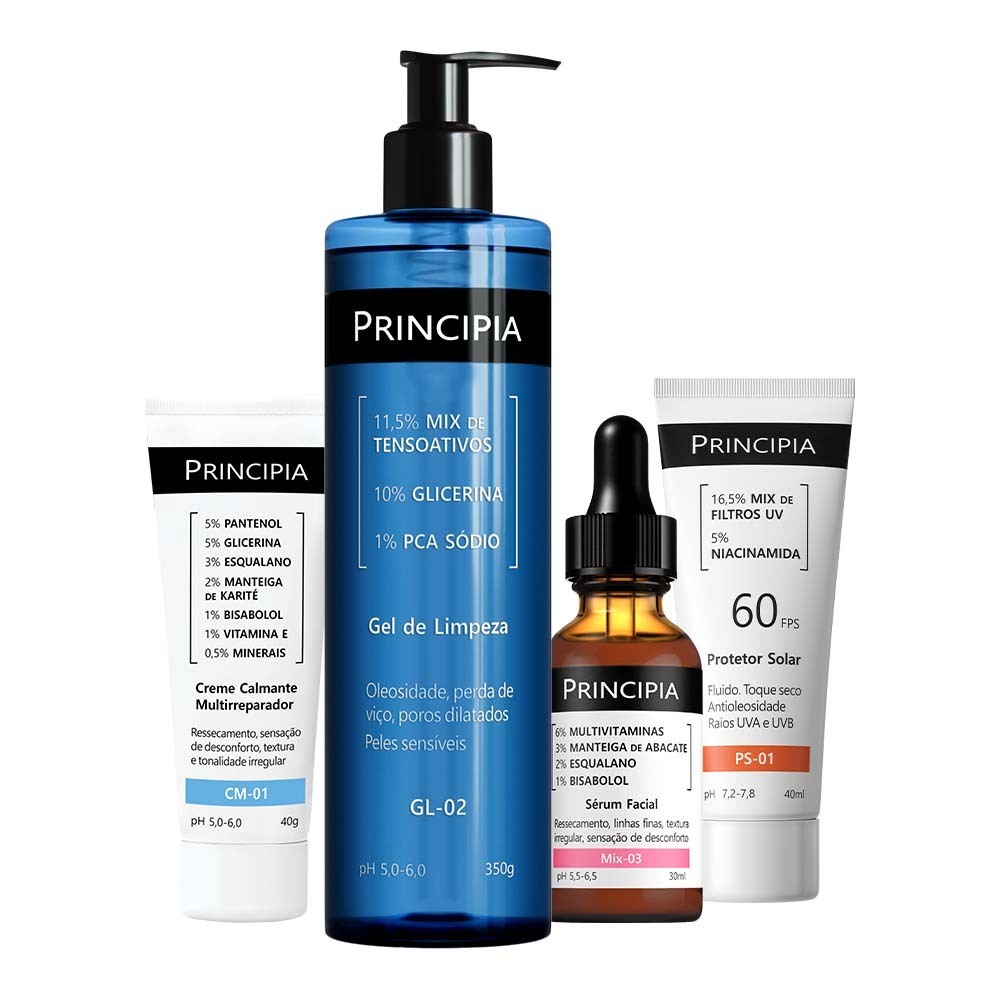 Principia Kit Reparador Essencial c/ Gel de Limpeza GL-02 + Sérum Mix-03 + Creme Calmante CM-01 + Protetor Solar PS-01
