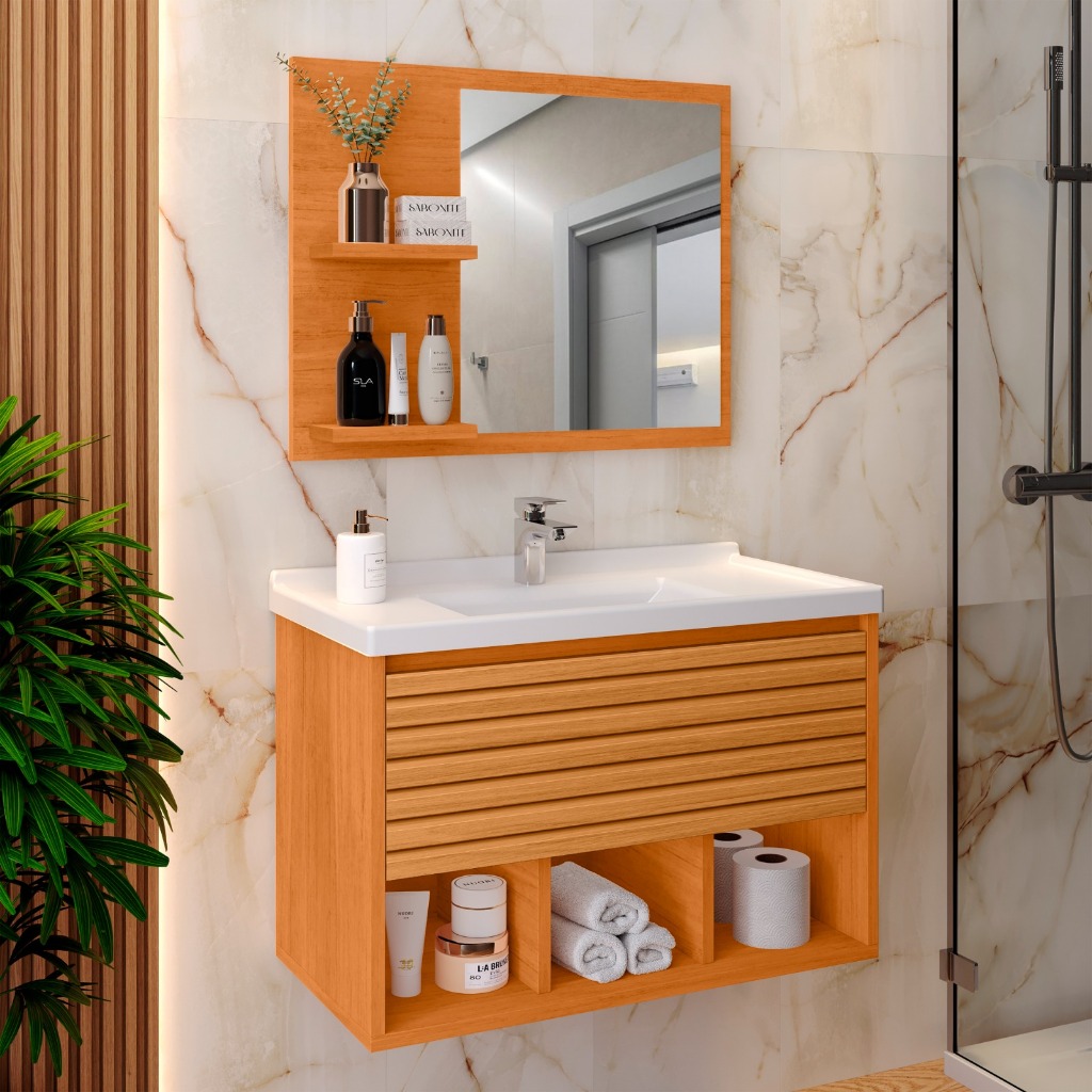 Gabinete/Armario COMPLETO para Banheiro Isa Freijó/Ripado