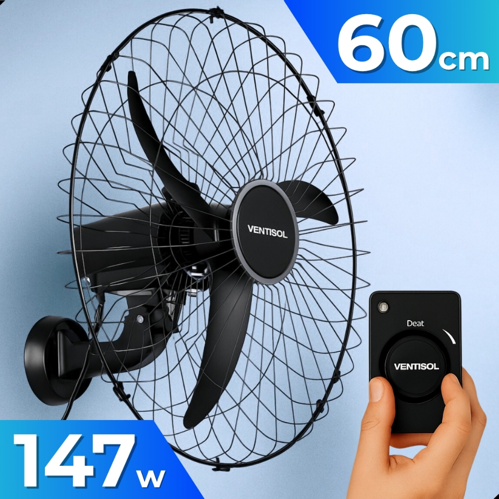 Ventilador Oscilante De Parede 3 Pás New 60cm Preto 147w Ventisol 110v 220v P/ Academia Igreja Loja em Oferta na Shopee