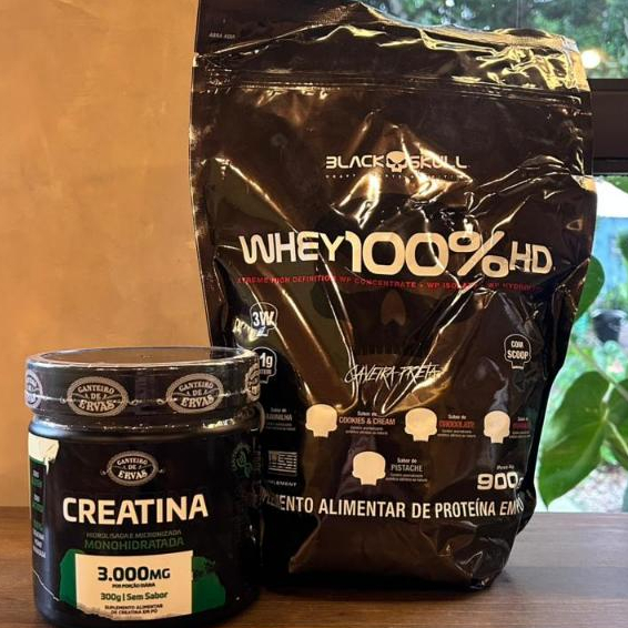 Whey Protein 100% HD 900g Sabor Baunilha + Creatina 300 Gr Canteiro de Ervas - Black Skull