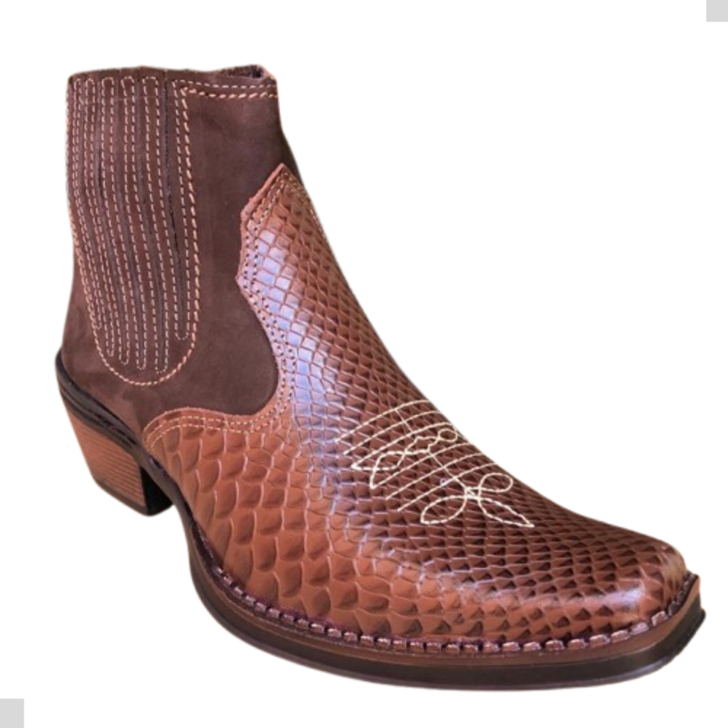 Bota Country Cor Marrom com Anaconda Botina Em Couro Legitimo Salto Carrapeta Solado Todo Costurado Modelo 3331