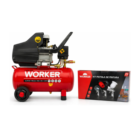 Compressor De Ar Worker 20 Litros 1.5HP 127V + Kit Pintura 5 Peças Vermelho em Oferta na Shopee