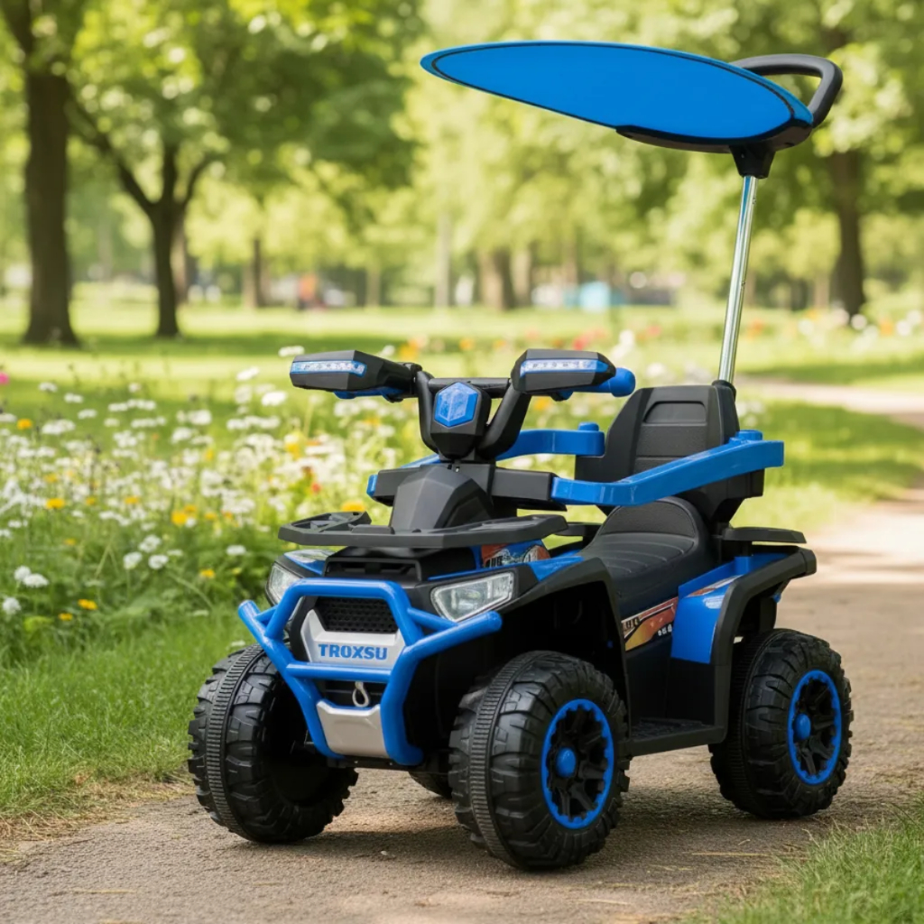 Quadriciclo Elétrico Infantil 6V Azul com Empurrador e Cobertura Luz Música Bateria Recarregável 4 Rodas Estável em Oferta na Shopee