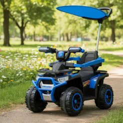 Quadriciclo Elétrico Infantil 6V Azul com Empurrador e Cobertura Luz Música Bateria Recarregável 4 Rodas Estável
