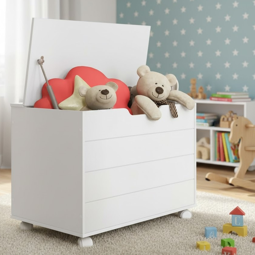 Baú Organizador de Brinquedos MDF Com Rodinhas e Pistão a Gás