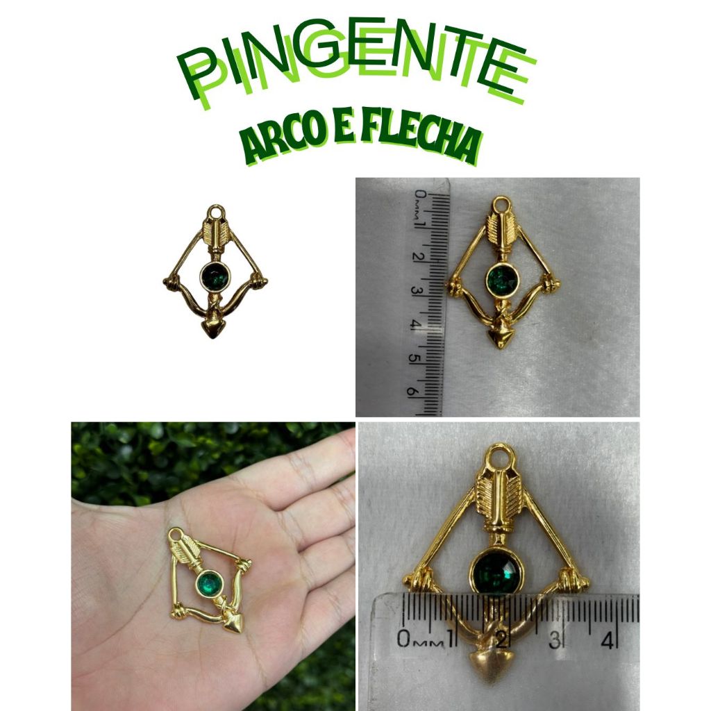 Pingente Arco e Flecha - Ofá Oxóssi ( DOURADO ) com Pedra Verde