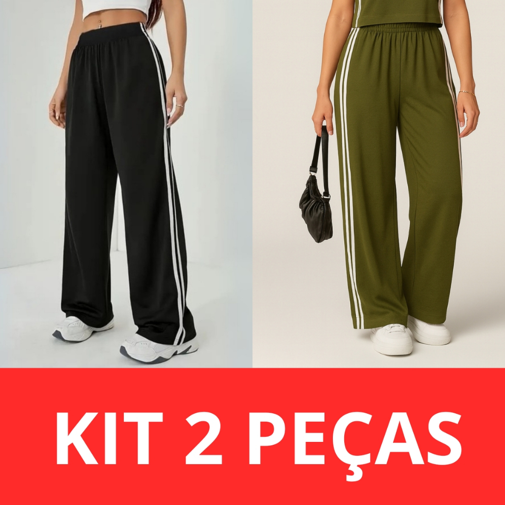 Kit 2 Calças Feminina Malha Confortável com Listras Laterais Estilosa Moda Gring