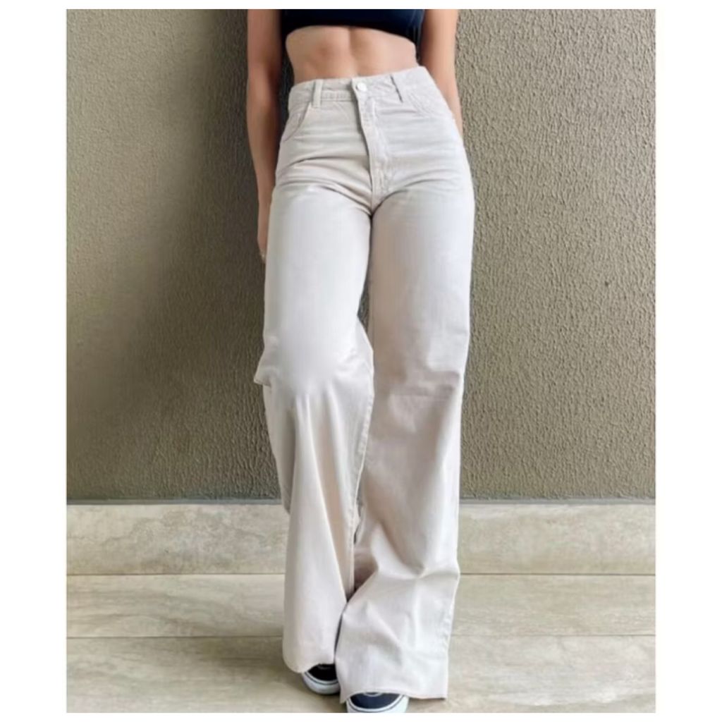 CALÇA WIDE LEG JEANS 100% ALGODÃO CINTURA ALTA OFF WHITE PANTALONA CALÇA DE BLOGUEIRA em Oferta na Shopee