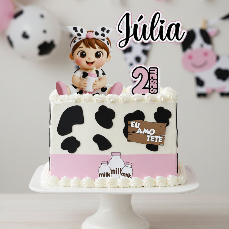 Topo Topper Decoração De Bolo Enfeite Vaca vaquinha Baby eu amo tetê Menina Mesversário aniversário