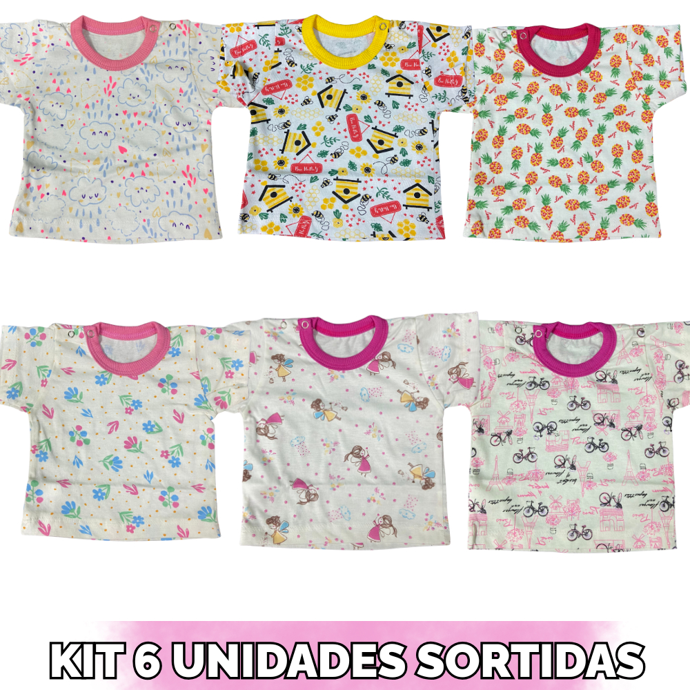 KIT 6 CAMISETAS MANGA CURTA FEMININA ESTAMPADA SORTIDA - INCRIVEIS BABY 1733