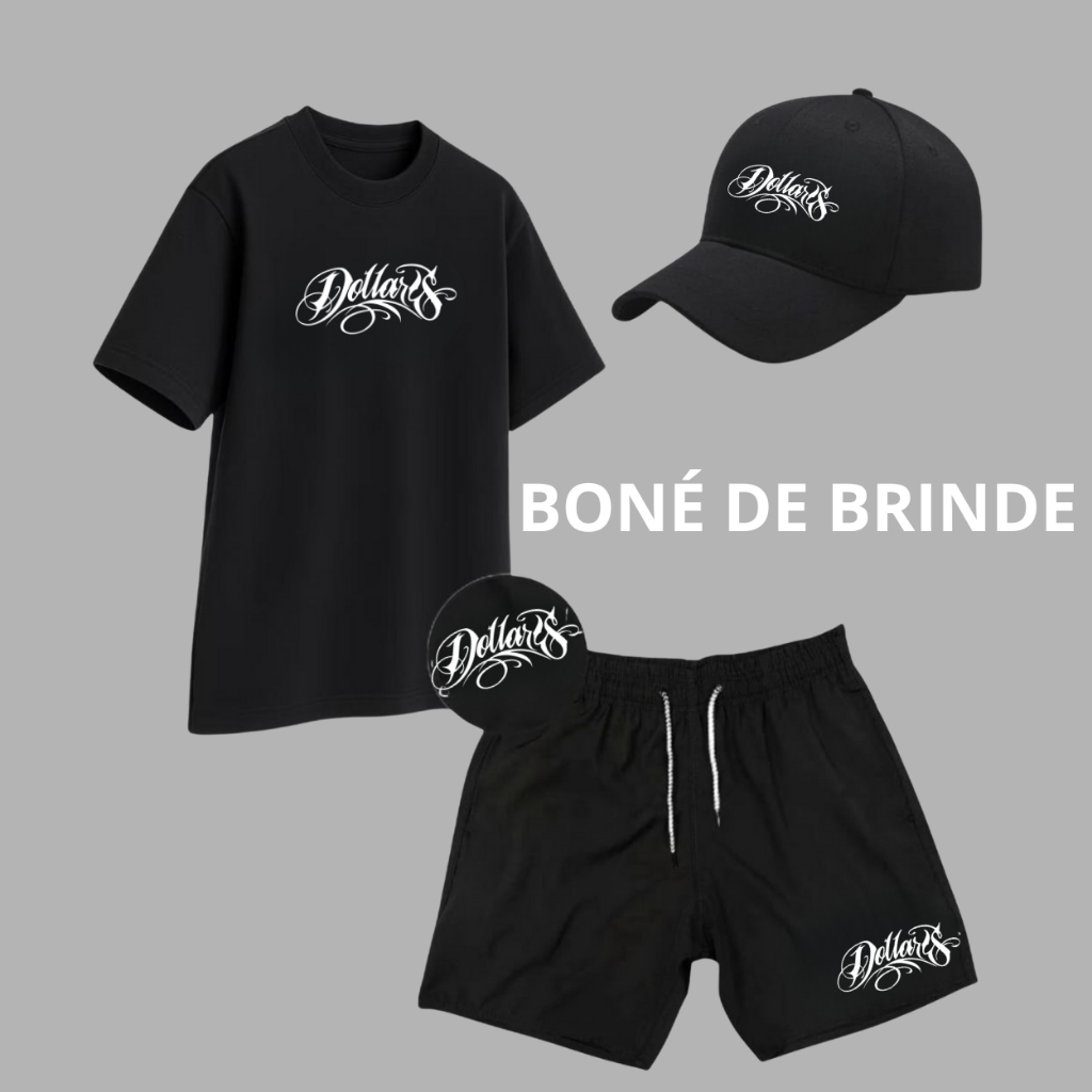 Conjunto Kit Shorts  Bermuda Tactel Camiseta DOLLARS STREET RUA MOTO GRAU PRAIA VERÃO PROMOÇÃO BONÉ BRINDE