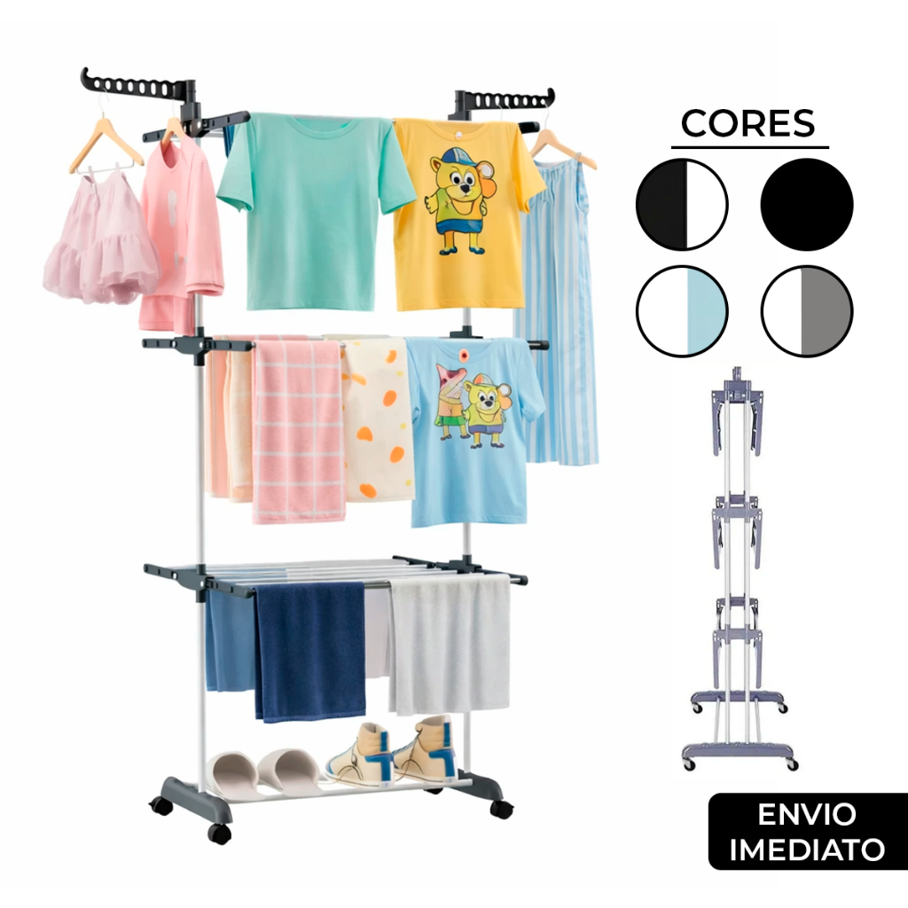 Varal De Chão Roupa Calcinha Grade 3 Andares Dobrável Portátil