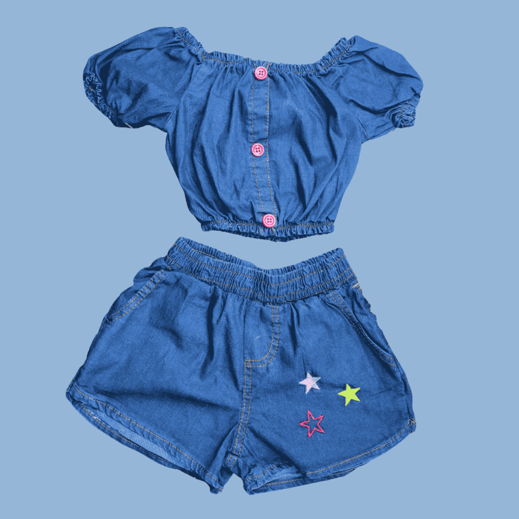 Conjunto Menina Jeans Infantil Casual Festa/Passeio – Short + Top Cropped
