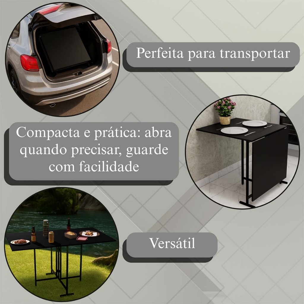Mesa Articulada Dobrável 6 Lugares Multiuso Preta Compacta em MDP Mesa De Jantar Dobrável Industrial