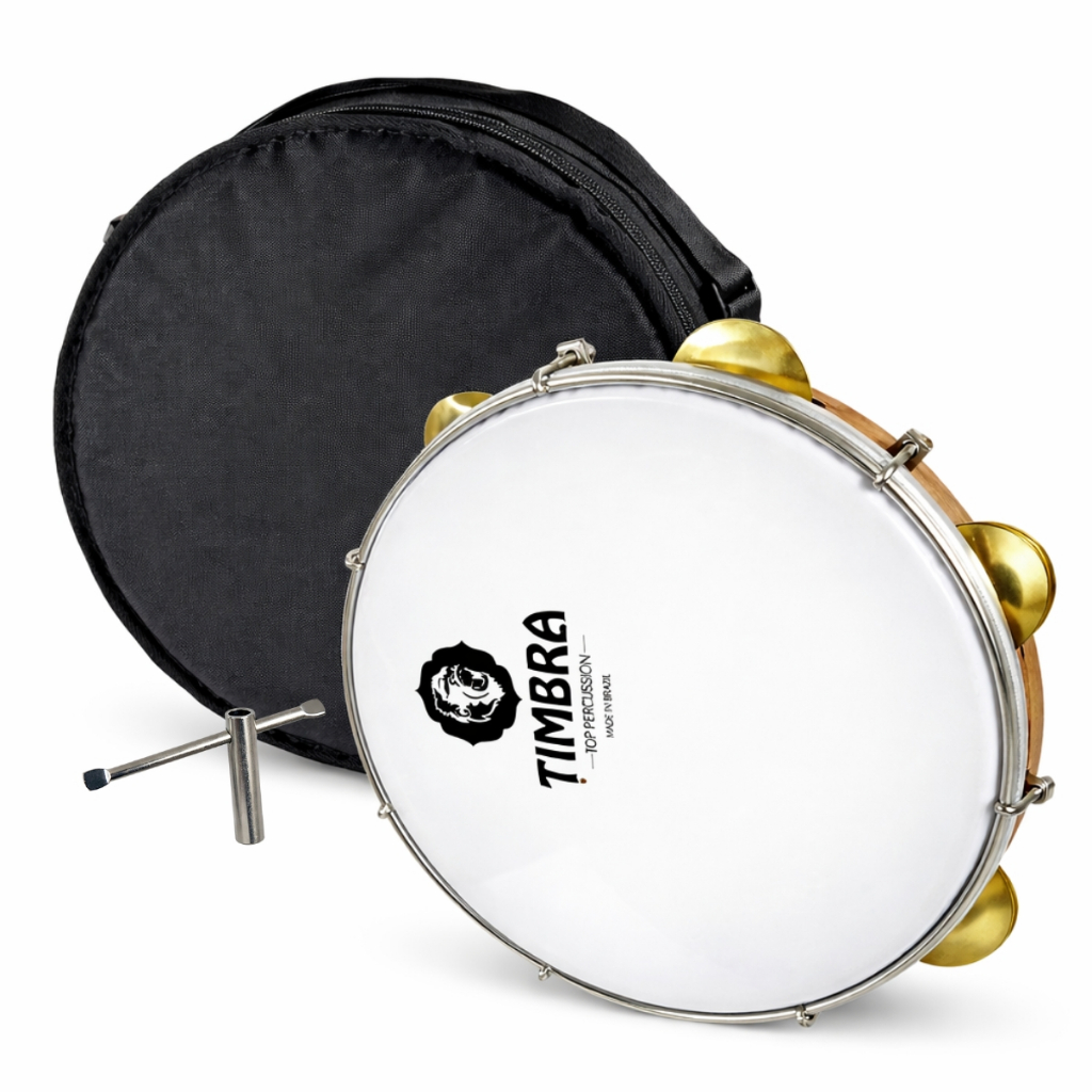 PANDEIRO TIMBRA PROFISSIONAL 10 POLEGADAS FORMICA FREIJO C/ARO NIQUELADO PELE LEITOSA + CAPA E CHAVE