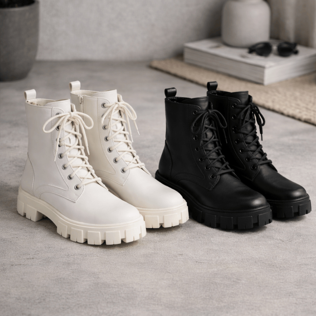 Kit Bota Feminina Coturno Tratorado Botinha Branco Preto Cano Médio Plataforma Trend Moda Fashion