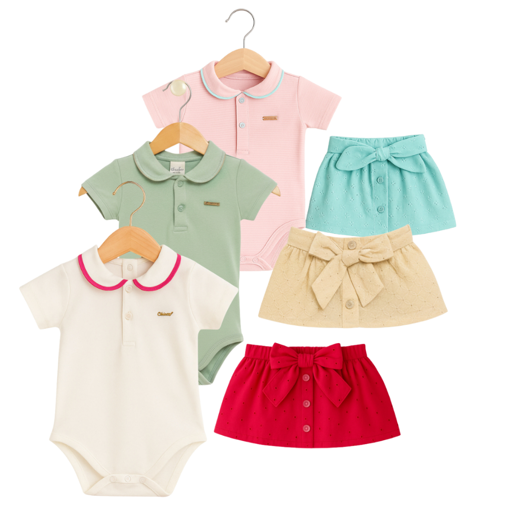 Conjunto feminino infantil body gola polo + saia com laço Conjunto para bebes