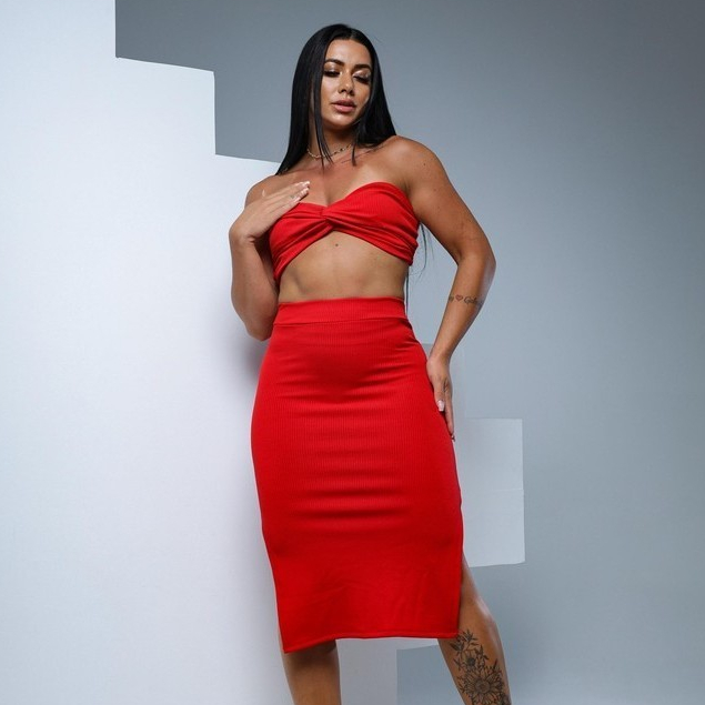 Conjunto Feminino Top de Amarrar Nas Costas com Saia Midi Moda Elegante Premium