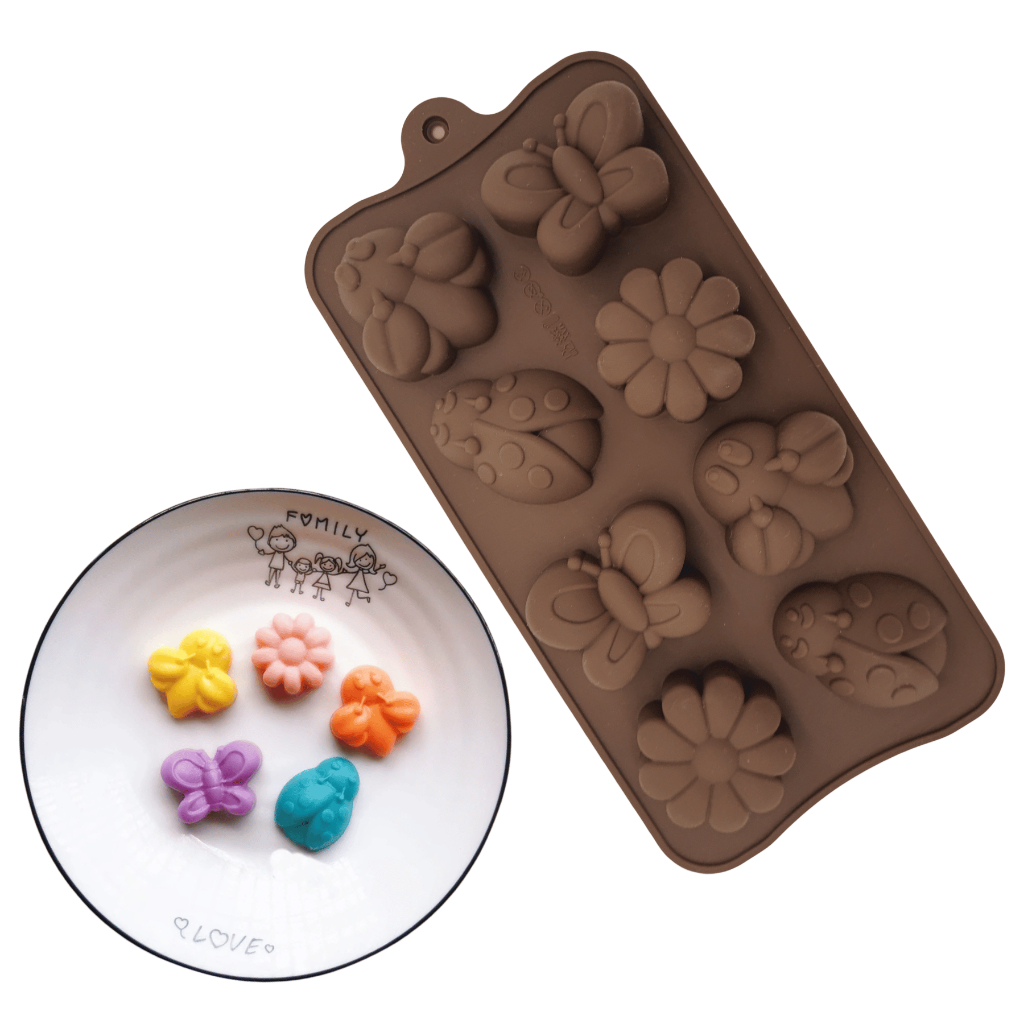 Molde de Silicone Borboletas Joaninhas Flores Chocolate Forma Gelatina Doces 8 Cavidades Sabonetes