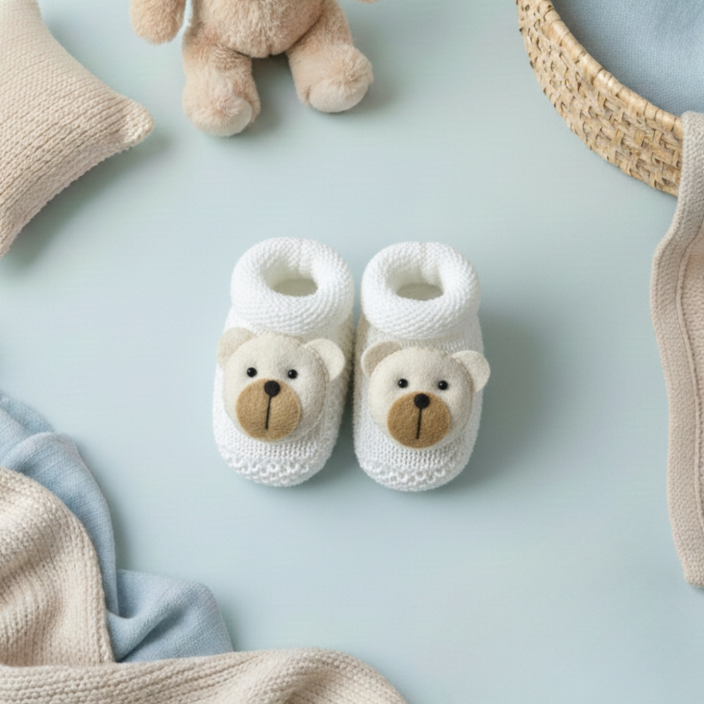 Sapatinho de Tricô Bebê Menino Recém-Nascido c/ Aplicação 3D Urso em Oferta na Shopee