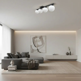 lustre para sala luminaria teto Jabuticaba alumínio Com 4 Globos vidros branco fosco 12cm
