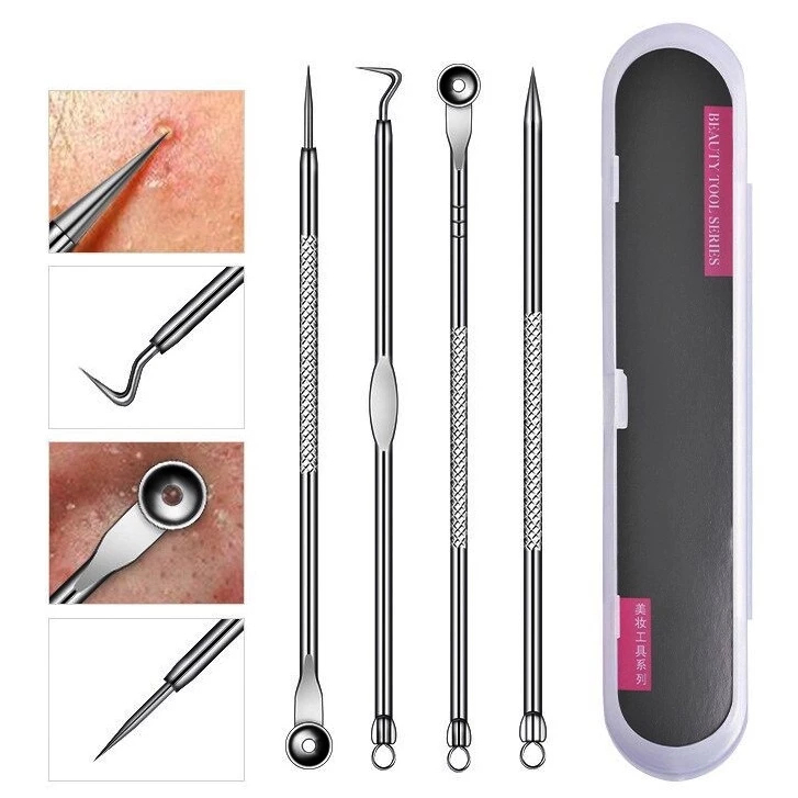 Kit Acne Espinha Removedor De Cravos Profissional 4 Pçs de Ponta Dupla com Pinça/Extrator/Agulha em Oferta na Shopee