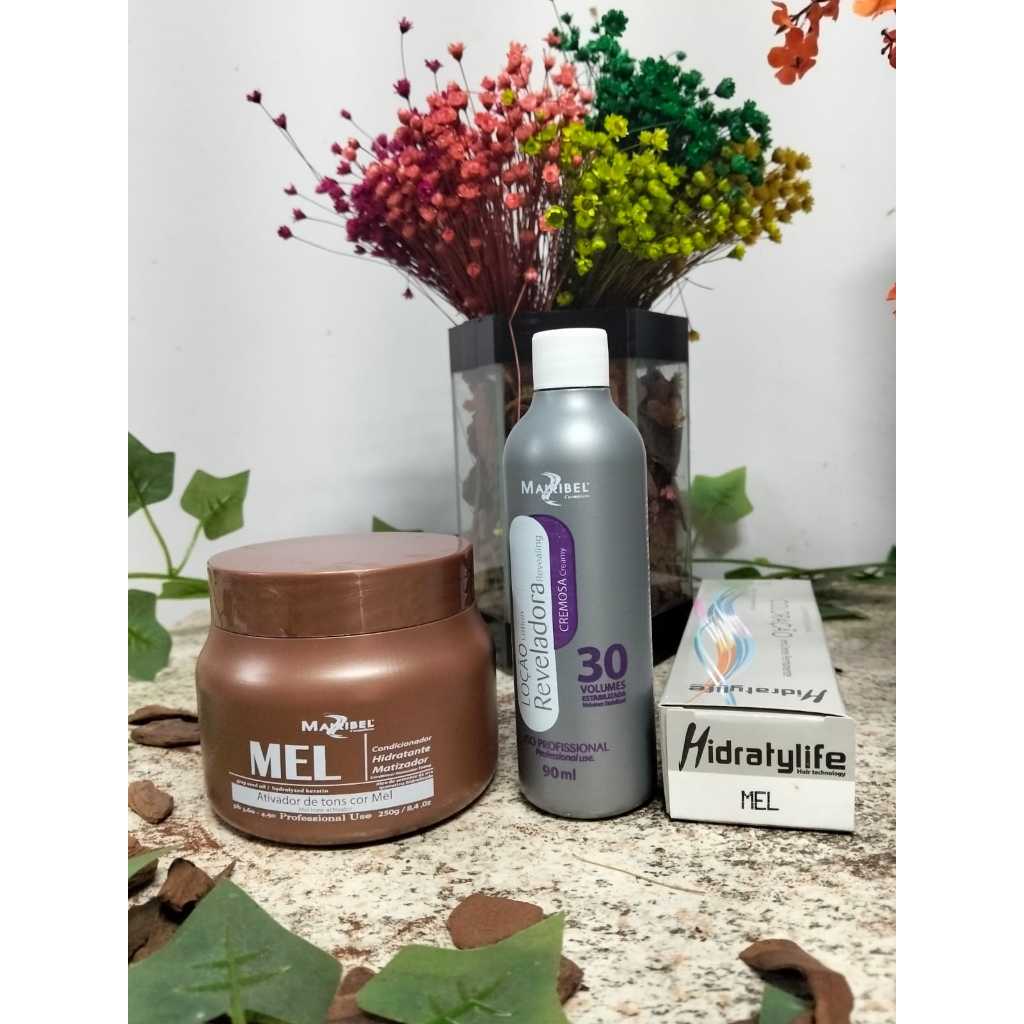 Kit Cabelo Mel Matizador 250g Tinta 60g + Ox 30 volumes 90ml + Máscara Matizadora Mel 250g - Mairibel / Hidratylife