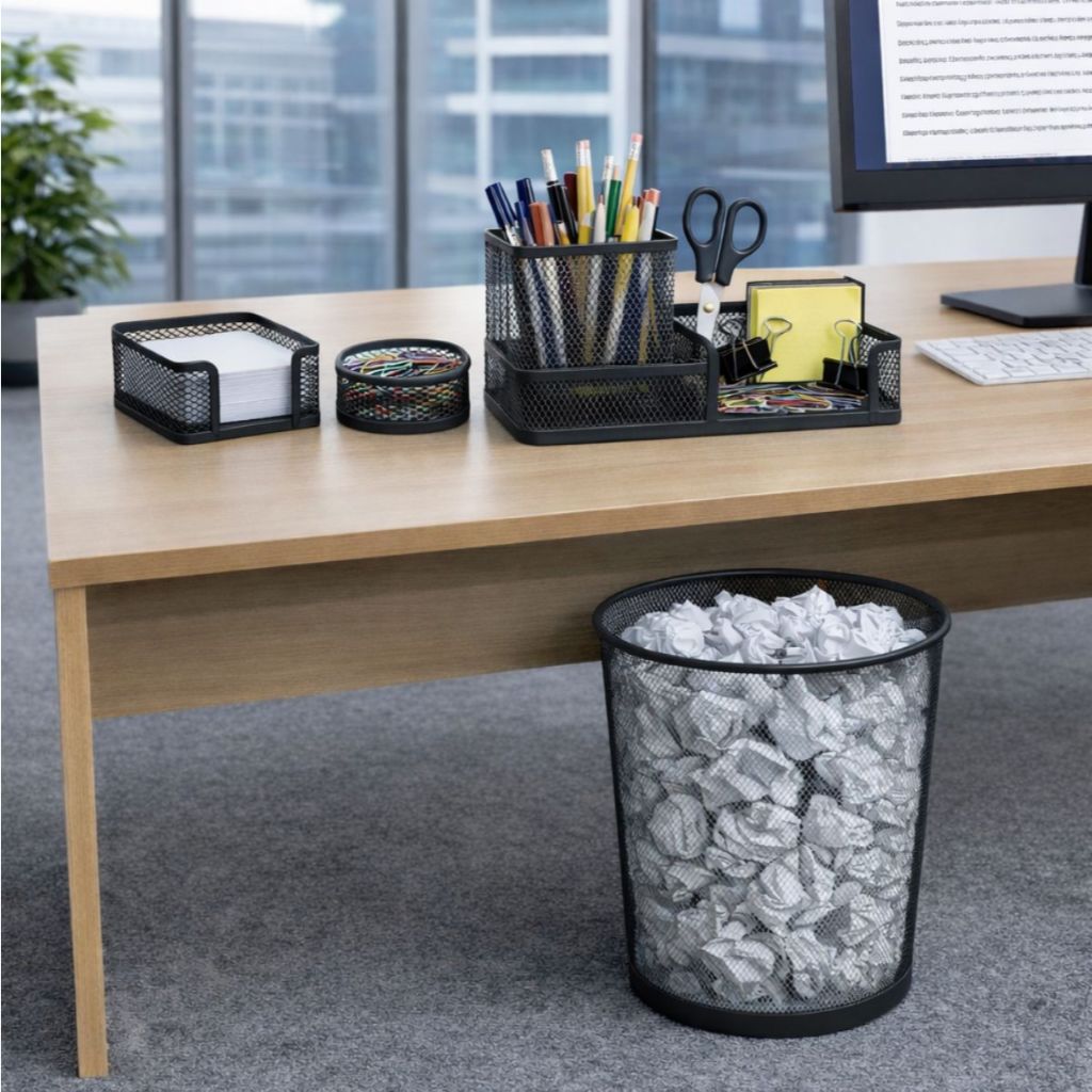 Escritório Organizador de Metal Com Lixeira Office Grande Porta Canetas Papel Clips Organizador