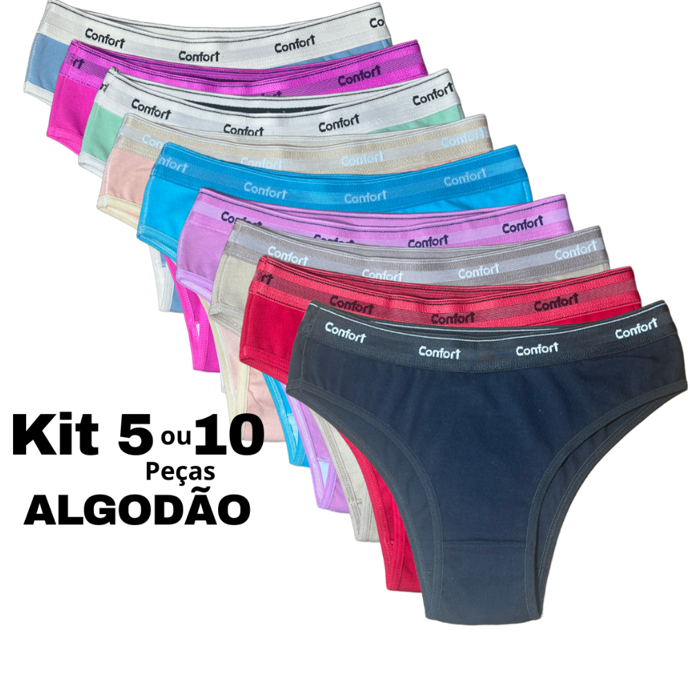 Calcinha Feminina Algodão Premium Cotton Com Cós Kit 10 e 5 Unidades em Oferta na Shopee