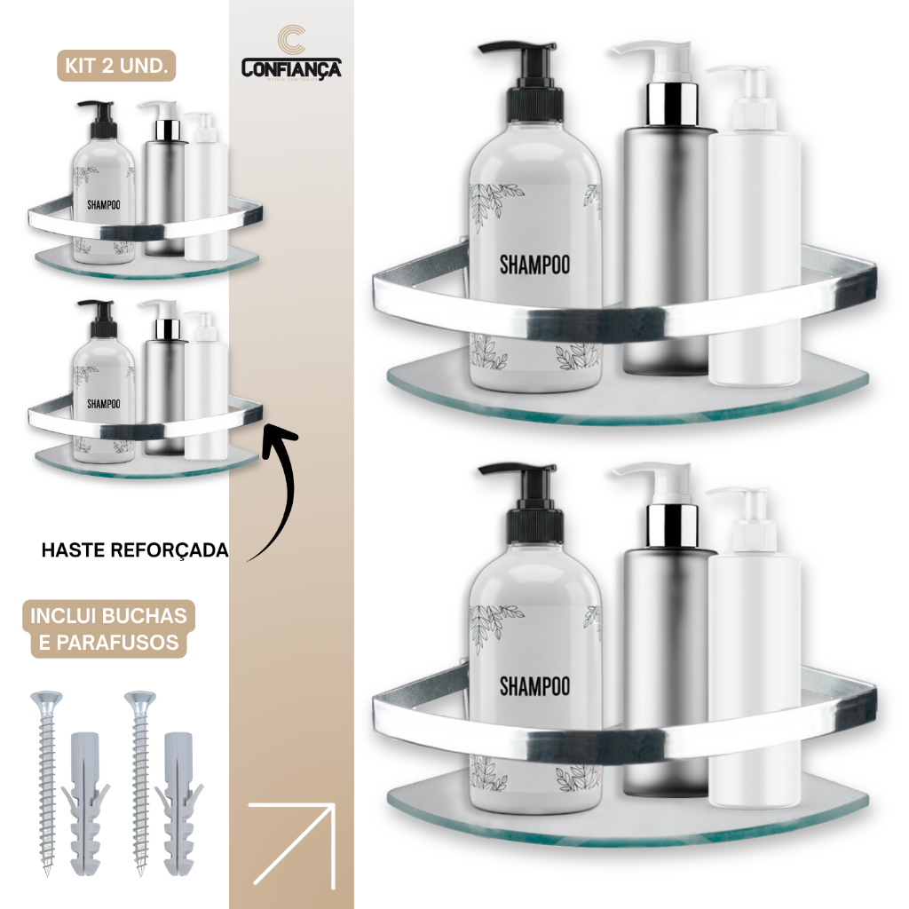 PORTA SHAMPOO PRATELEIRA BANHEIRO SUPORTE VIDRO TEMPERADO 6MM HASTE ALUMINIO CANTO LUXO CROMADO 100% ANTI FERRUGE KIT 2