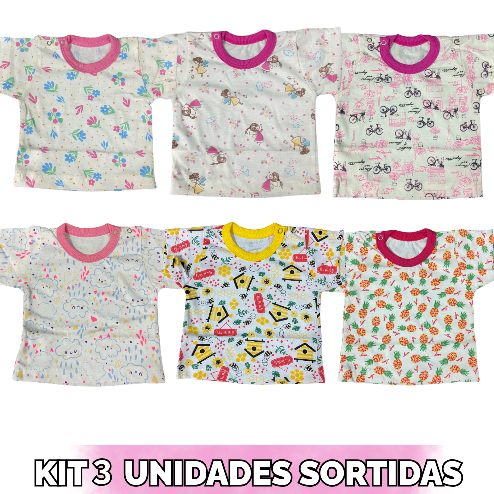 KIT 3 CAMISETA MANGA CURTA FEMININA ESTAMPADA SORTIDO - INCRIVEIS BABY 1733