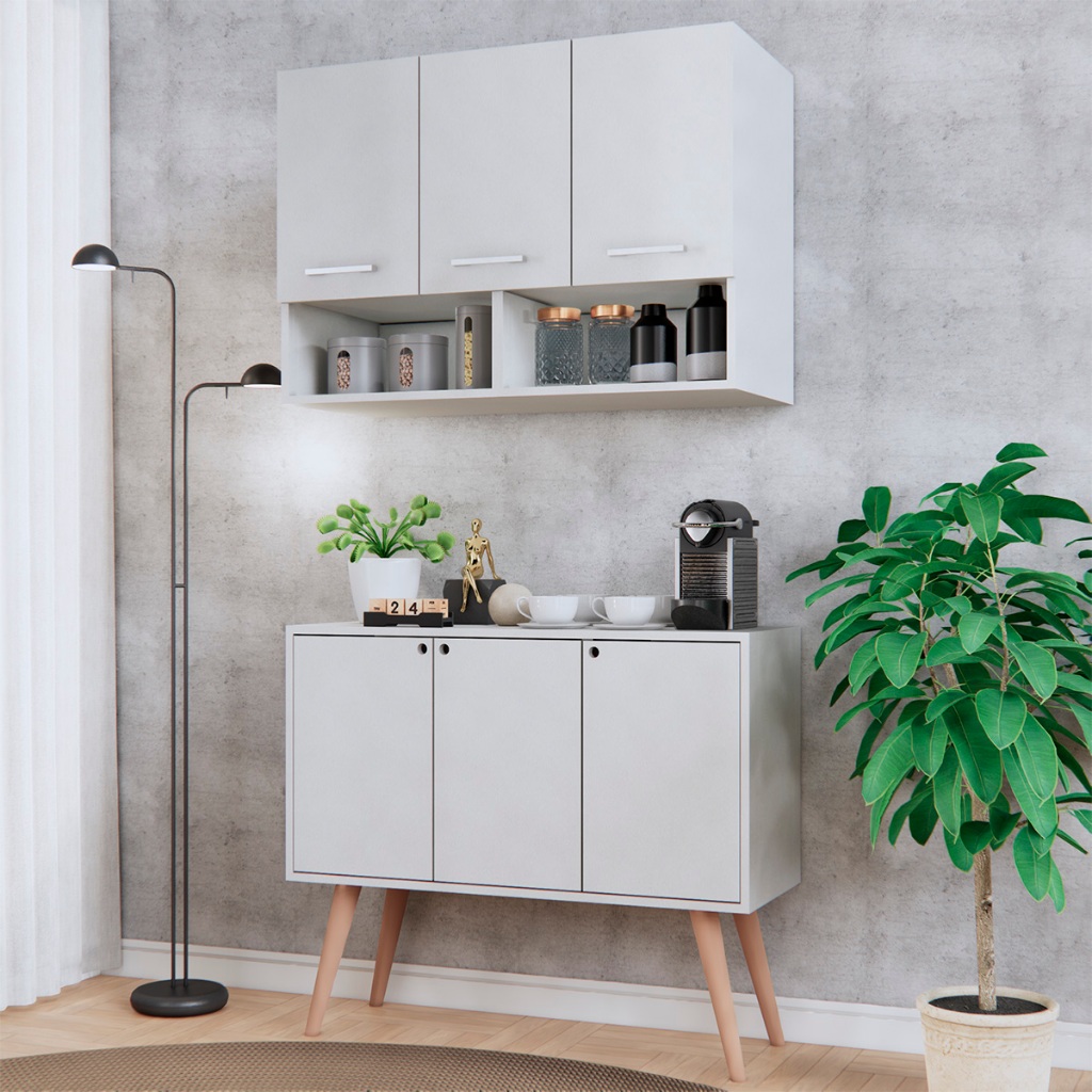 Kit Cozinha Armário 3 Portas + Balcão Multiuso Pés Madeira Organizador Móveis Bonatto em Oferta na Shopee