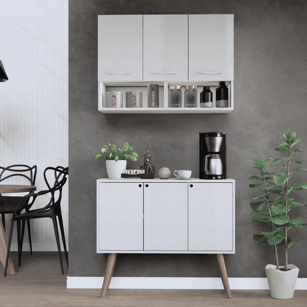 Armário 3 Portas com Nicho + Buffet Aparador Cozinha Pés Madeira Móveis Bonatto em Oferta na Shopee