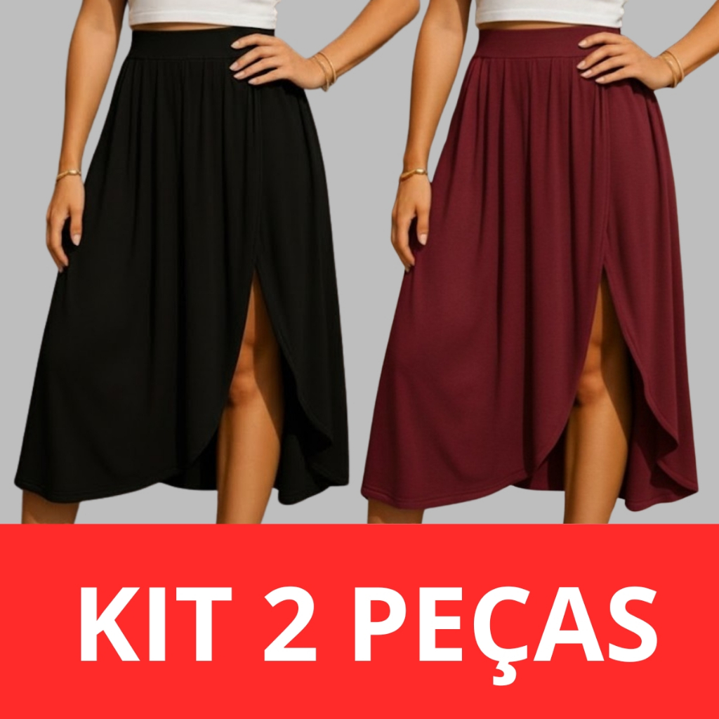 Kit 2 Saia Midi Malha Confortavel Fenda Lateral Moda Tendência