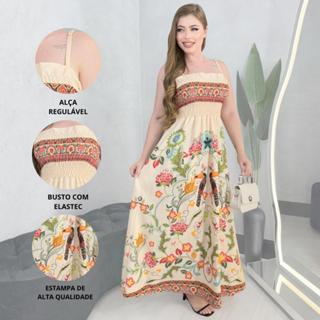 Vestido Longo Alça Regulável Crepe Santorine Estampa Digital Não Amarrota e Lastex que Estica em Oferta na Shopee