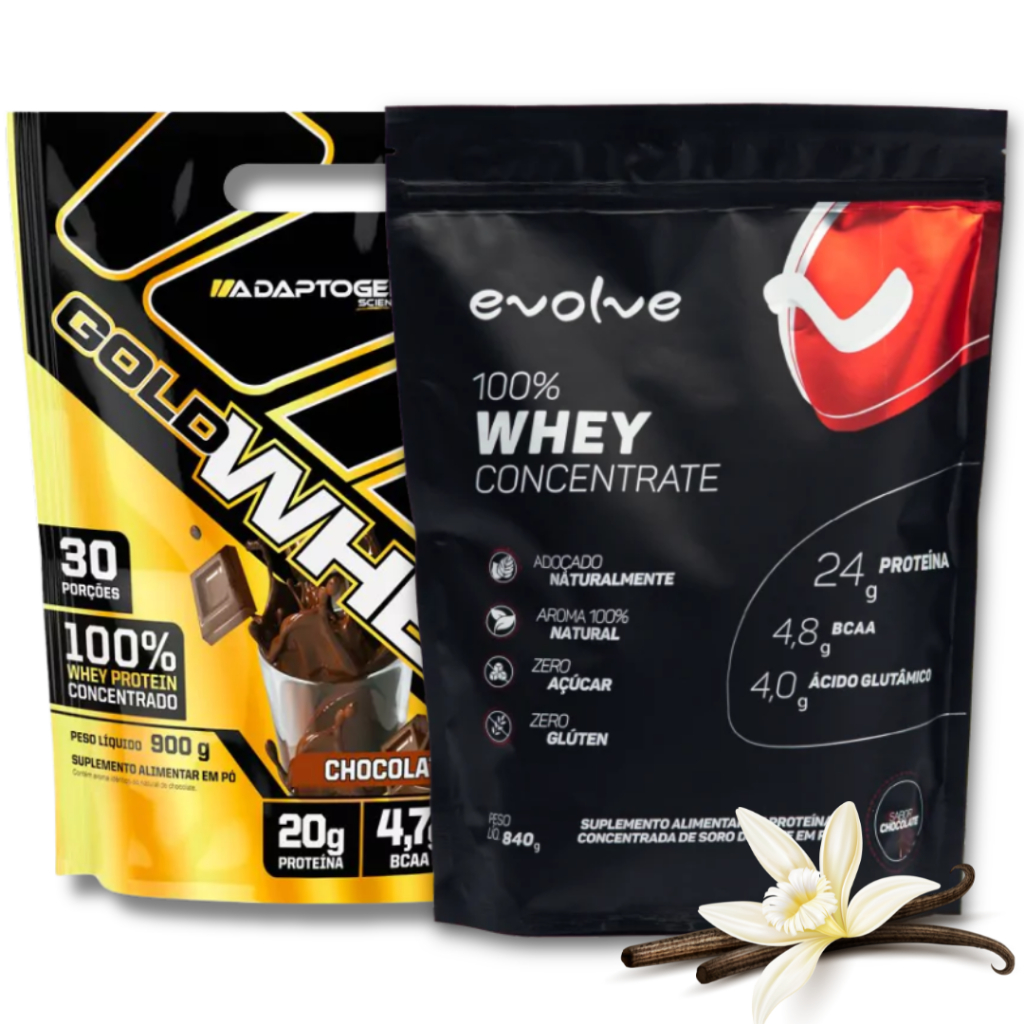 Kit Whey Protein 100% Concentrado Evolve 840g + Gold Whey Adaptogen 900g Refil – Proteína do Soro do Leite