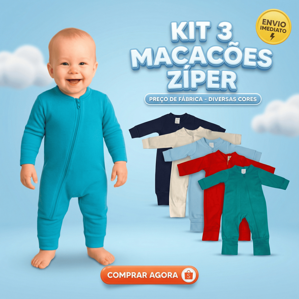 Macacão Bebê Menino Kit 3 Peças 100% Algodão Inverno Macio Com Zíper Vira Pé Mais Vendido P M G em Oferta na Shopee