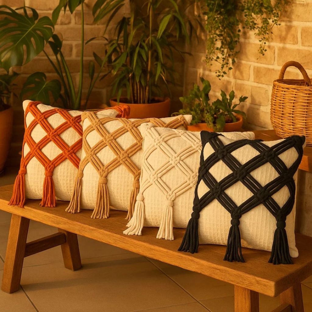 Capa Almofada Macramê Trançada Artesanal Boho Decoração Sofá 100% Algodão 45x45 em Oferta na Shopee
