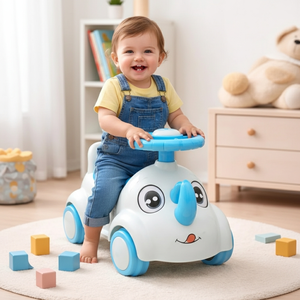 Andador Bebe Infantil Estilo Rinoceronte Azul Estimulacao Locomoção Seguro Confortavel