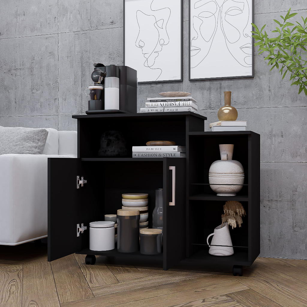 Balcão Organizador 2 Portas e Prateleiras Multiuso Com Rodinhas Armário Cozinha Compacta em Oferta na Shopee