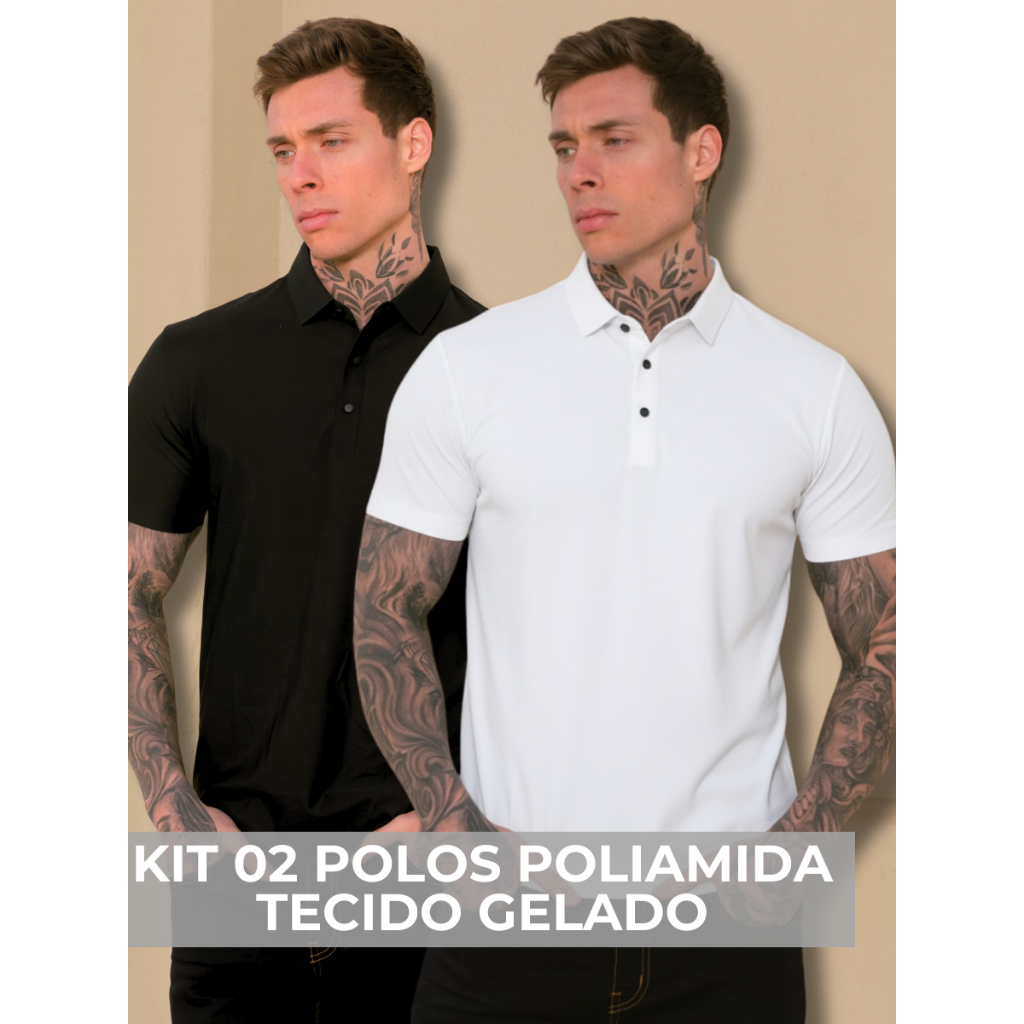 KIT 02 Camisa Polo Poliamida Premium Camiseta Masculina com Gola e Botao Tecido Gelado Elastico Sem Costura em Oferta na Shopee