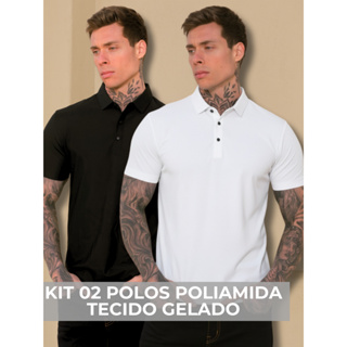 KIT 02 Camisa Polo Poliamida Premium Camiseta Masculina com Gola e Botao Tecido Gelado Elastico Sem Costura em Oferta na Shopee