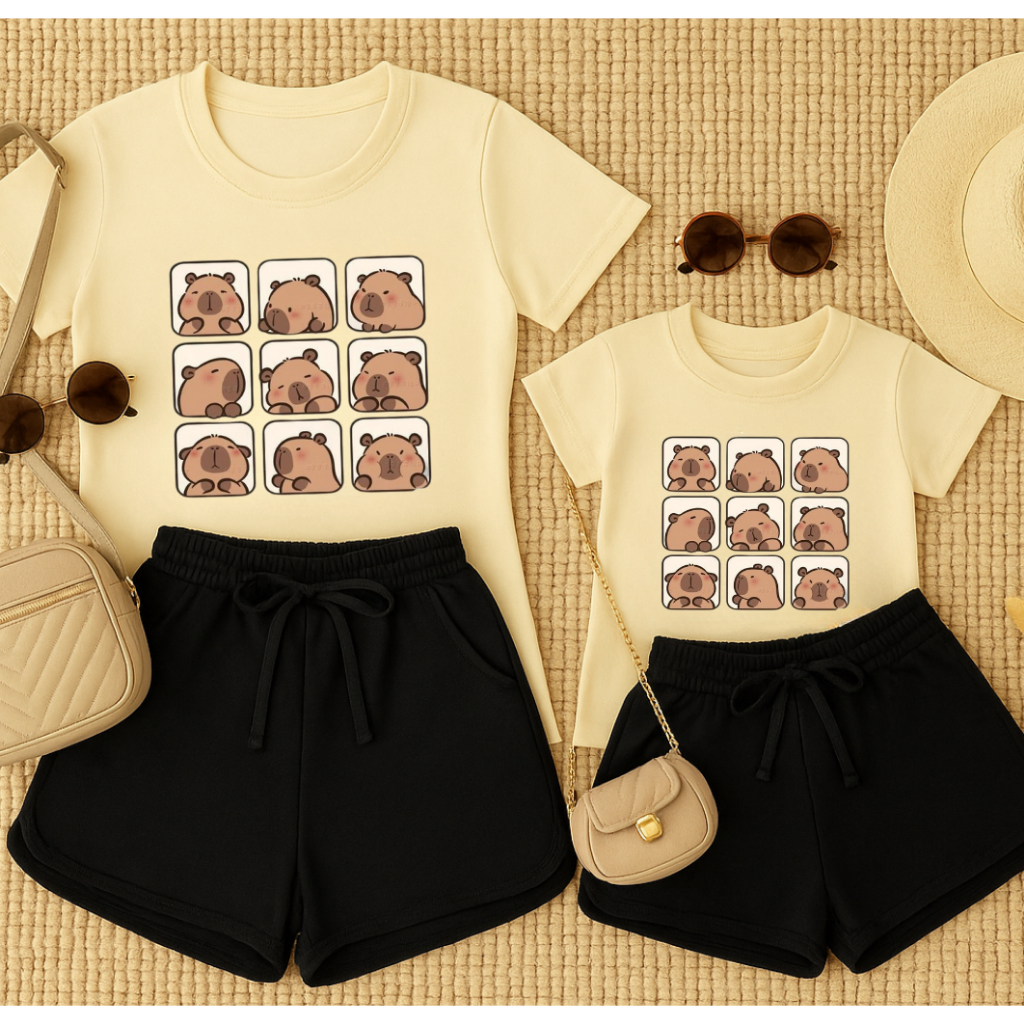 kit tal mãe, tal filha capivara conjunto verão shortinho + camiseta 100%algodão