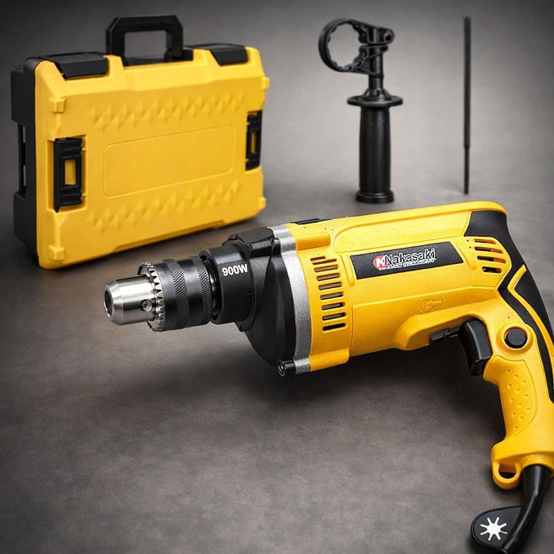 Furadeira Elétrica 900W 13mm Nakasaki Profissional com Maleta Reversão e Alça Auxiliar